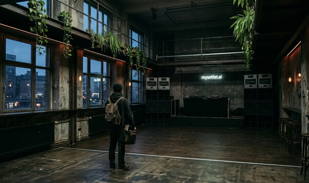 Industrial music venue with a DJ booth and a glowing mysetlist.ai sign above the stage.